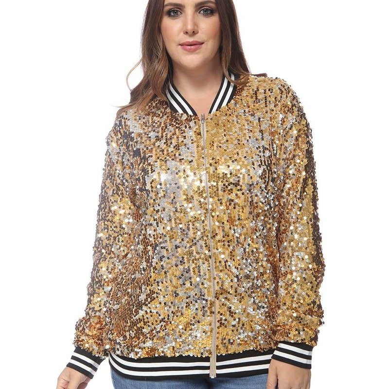 Anna-kaci Plus Size Sequin Bomber Jacket In Yellow