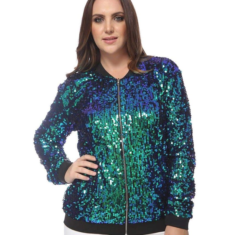 Anna-kaci Plus Size Sequin Bomber Jacket In Green