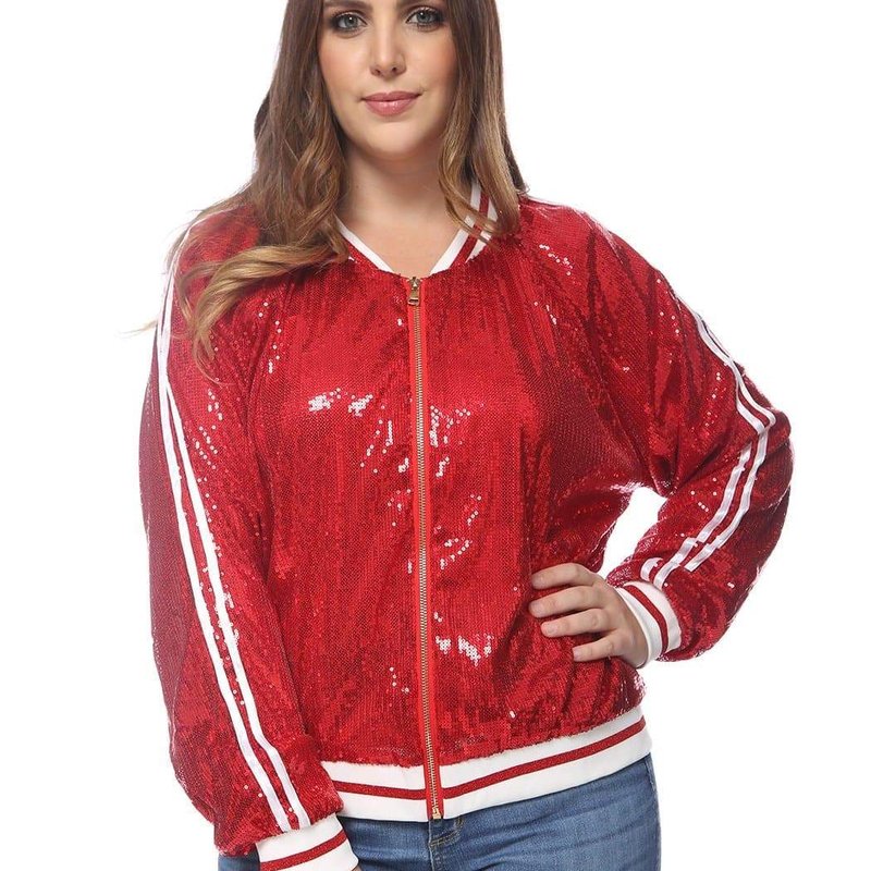 Anna-kaci Plus Size Sequin Bomber Jacket In Red