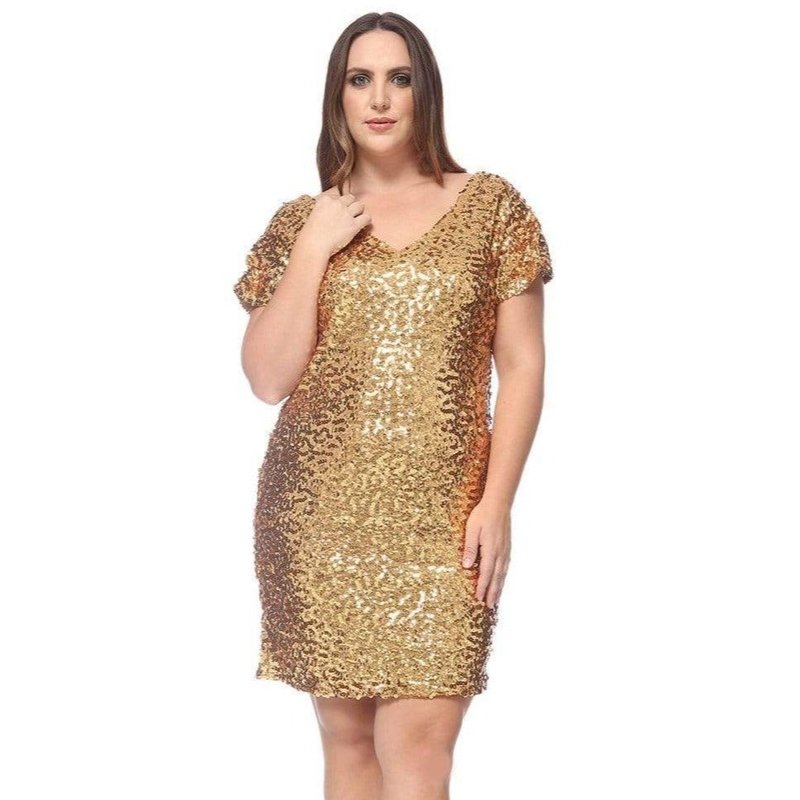Anna-kaci Plus Size Sequin Ruched Sleeve Cocktail Dress In Yellow