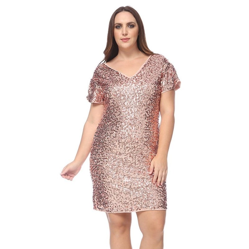 Anna-kaci Plus Size Sequin Ruched Sleeve Cocktail Dress In Pink