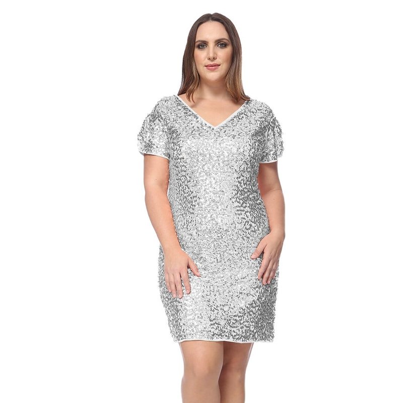 Anna-kaci Plus Size Sequin Ruched Sleeve Cocktail Dress In Grey