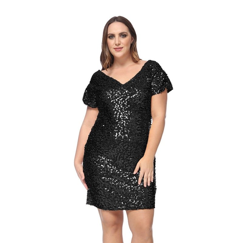 Anna-kaci Plus Size Sequin Ruched Sleeve Cocktail Dress In Black