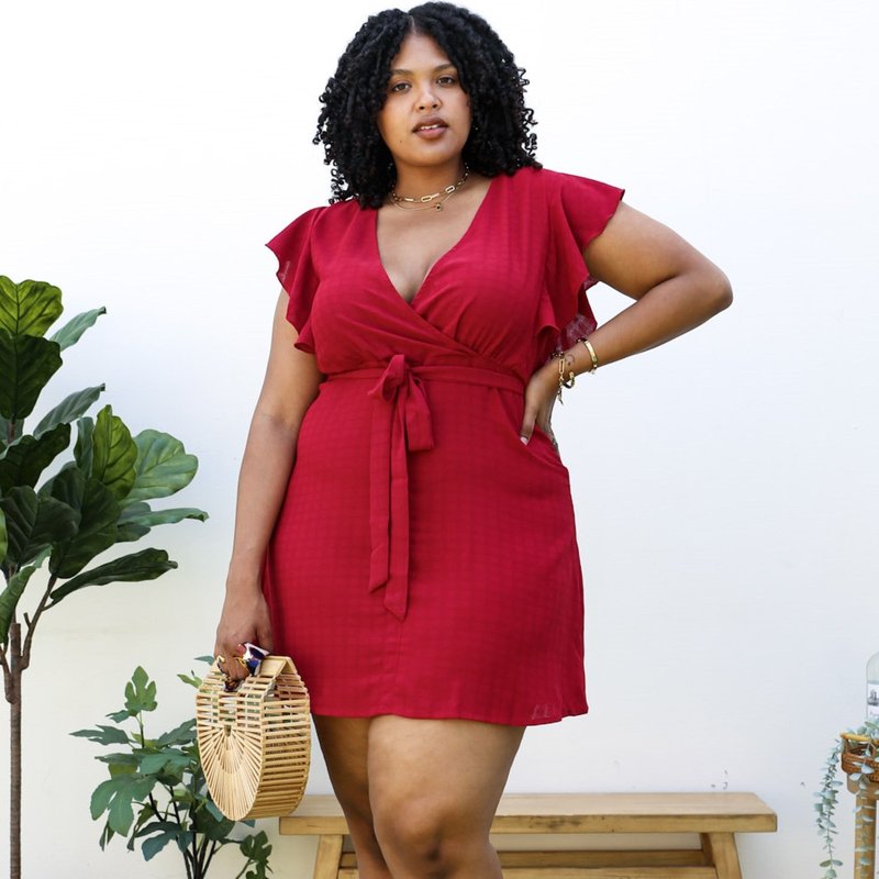Anna-kaci Plus Size Solid Color Swing Dress With Ruffle Sleeves In Red