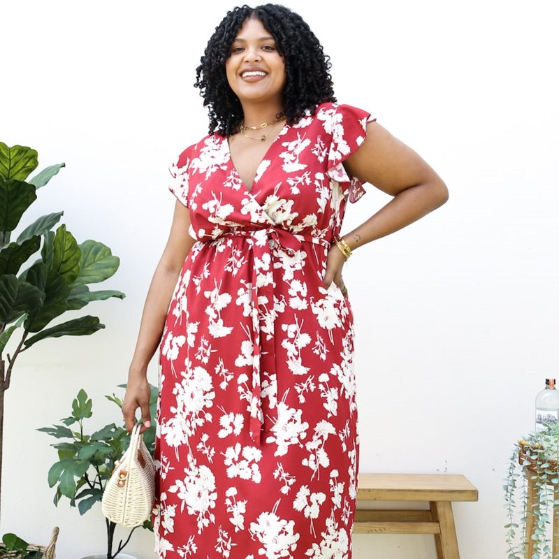 Anna-kaci Plus Size Tropical Floral Print Maxi Wrap Dress With Ruffle Sleeves In Red