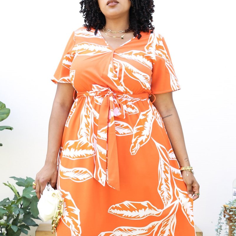Anna-kaci Plus Size Tropical Floral Tie Waist Flowy Maxi Dress In Orange