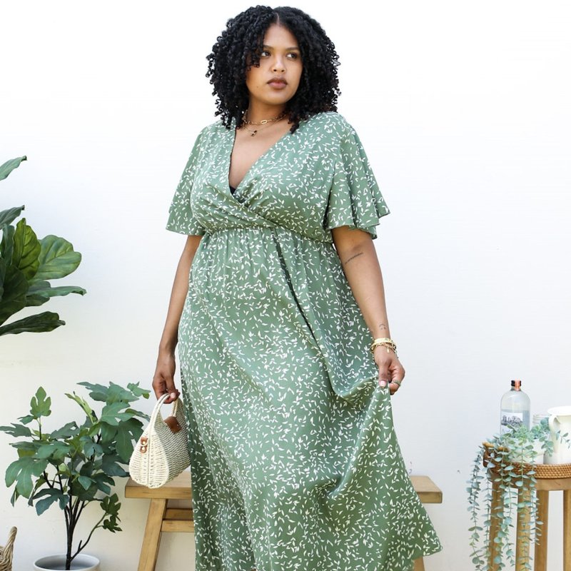 Anna-kaci Plus Size V-neck White Floral Print Wrap Maxi Dress In Green