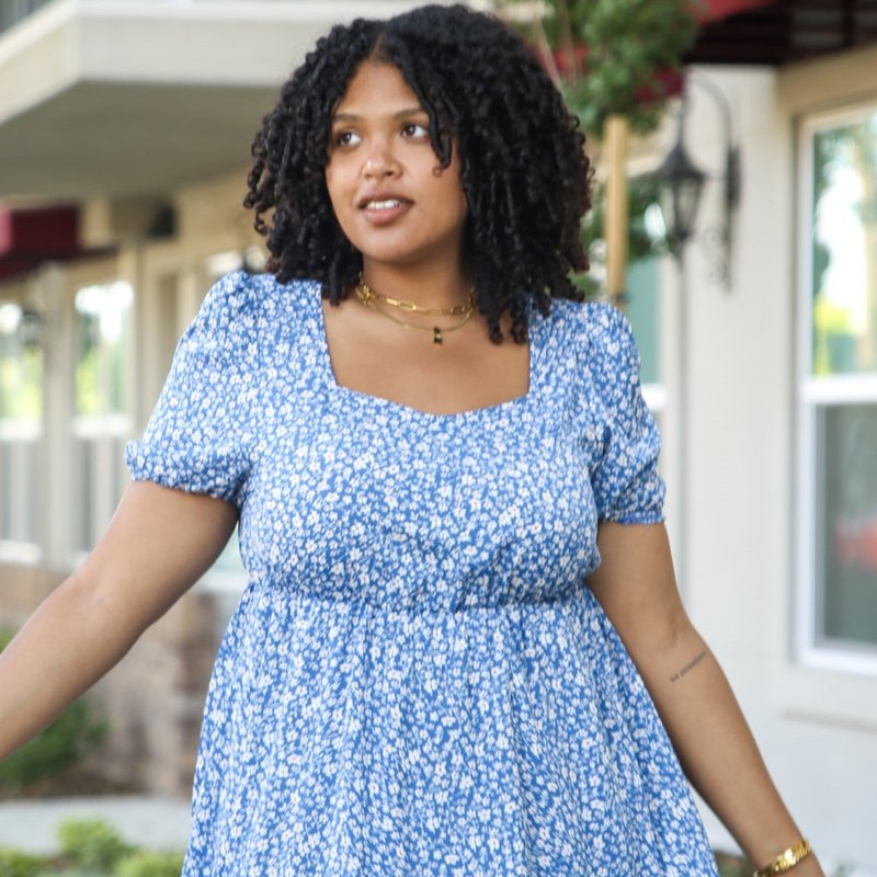 Anna-kaci Plus Size White Floral Print Swing Dress With Square Neckline In Blue