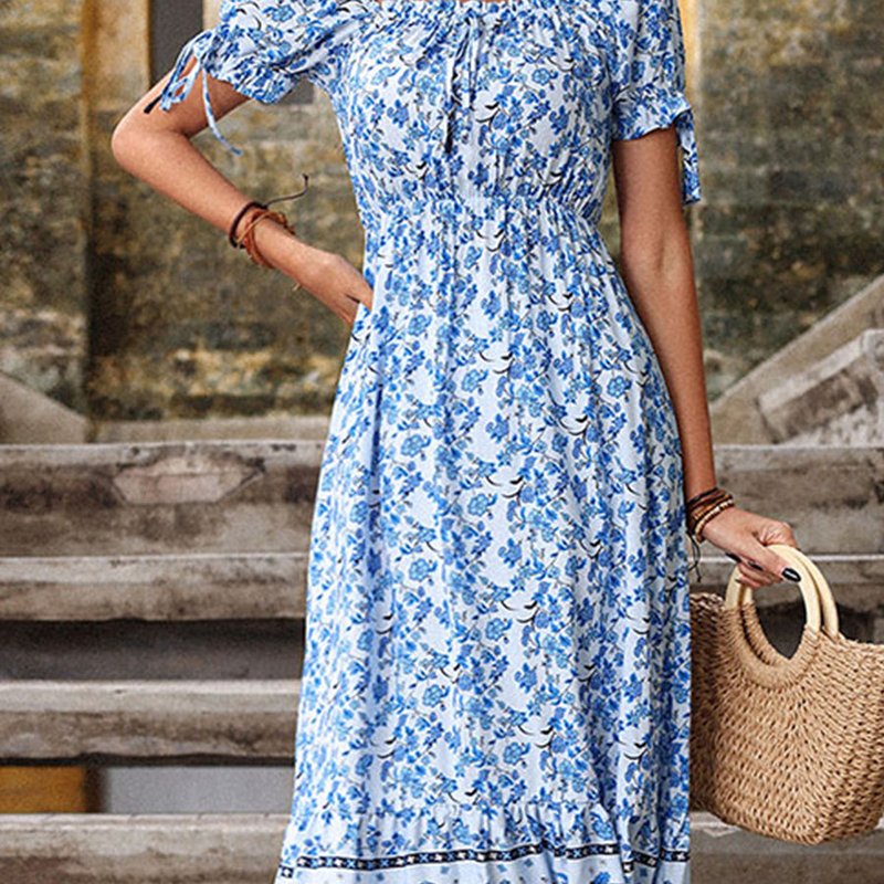 Shop Anna-kaci Puff Sleeve Boho Print Dress In Blue