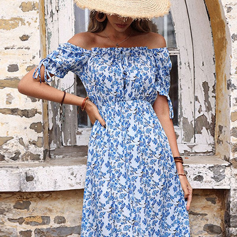 Shop Anna-kaci Puff Sleeve Boho Print Dress In Blue