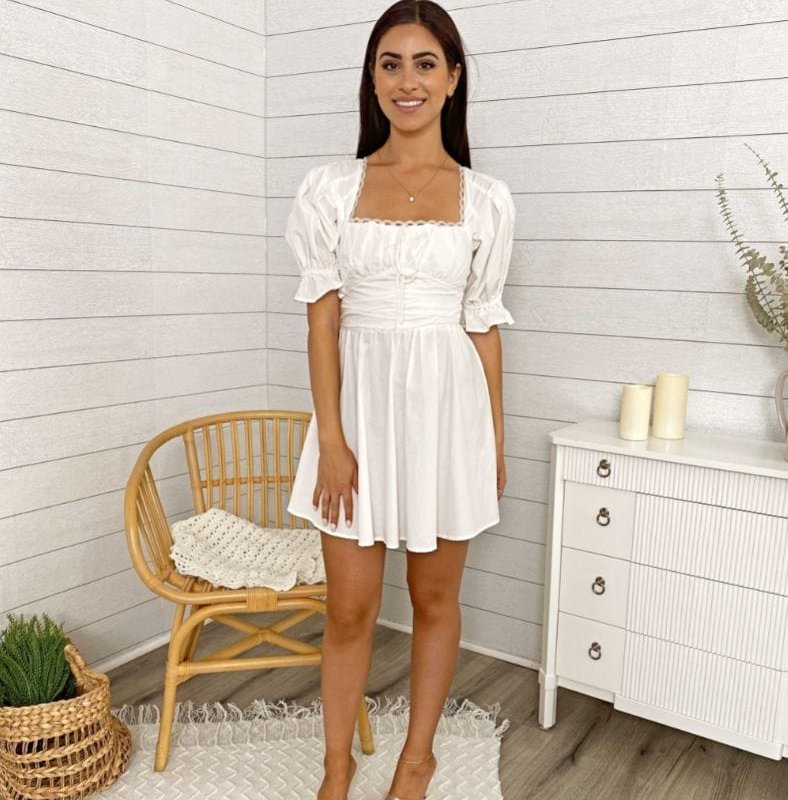Anna-kaci Puff Sleeve Lace Open Back Mini Dress In White