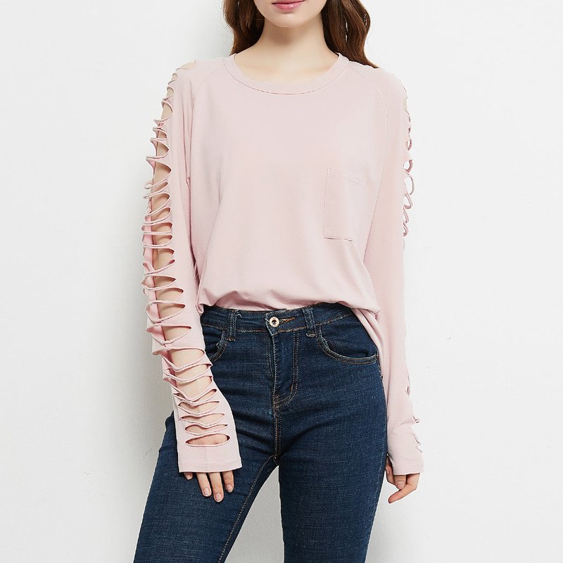 Anna-kaci Ripped Long-sleeve Pullover Top In Pink