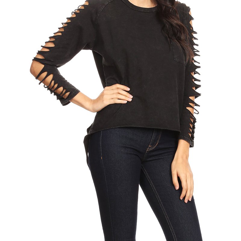 Anna-kaci Ripped Long-sleeve Pullover Top In Black