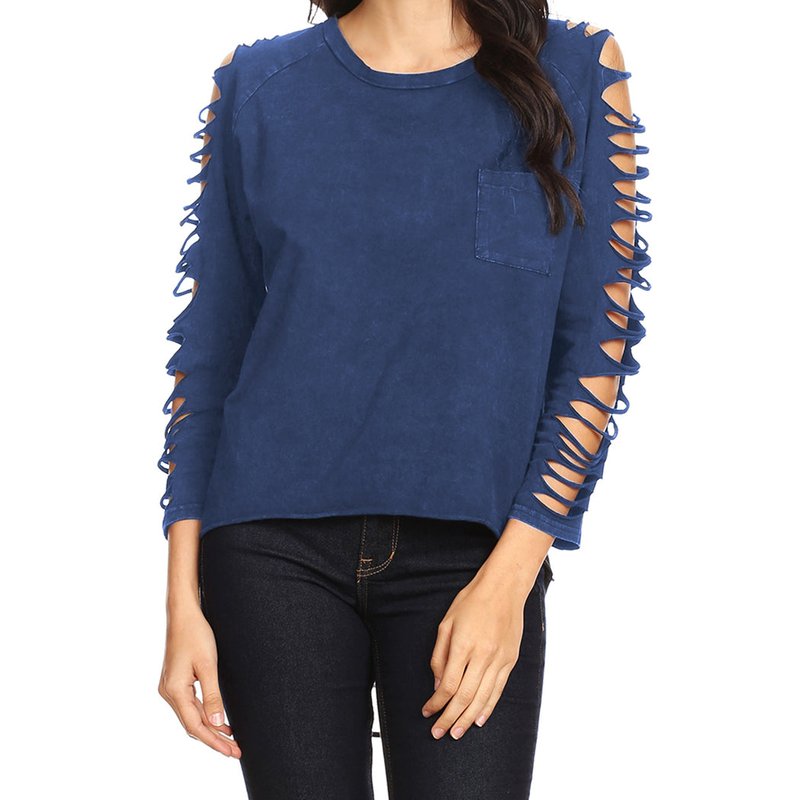 Anna-kaci Ripped Long-sleeve Pullover Top In Blue