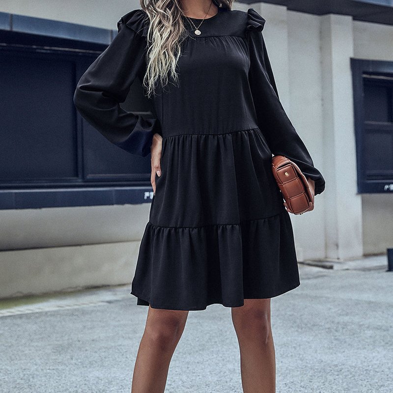 Anna-kaci Round Neck Ruffle Shoulder Dress In Black