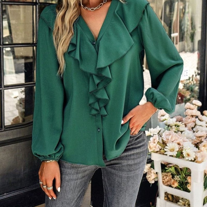 Anna-kaci Ruffle Front Vintage Blouse In Green