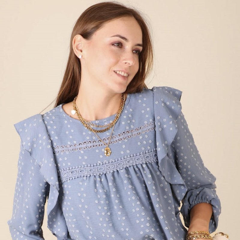 Anna-kaci Ruffle Shoulder Crochet Detail Blouse In Blue