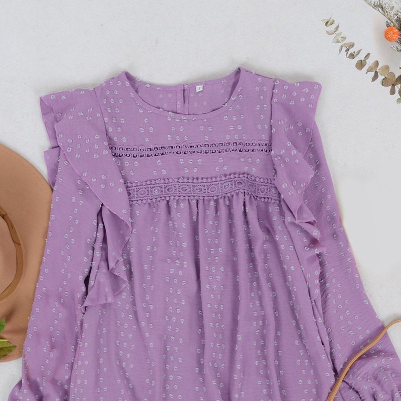 Anna-kaci Ruffle Shoulder Crochet Detail Blouse In Purple