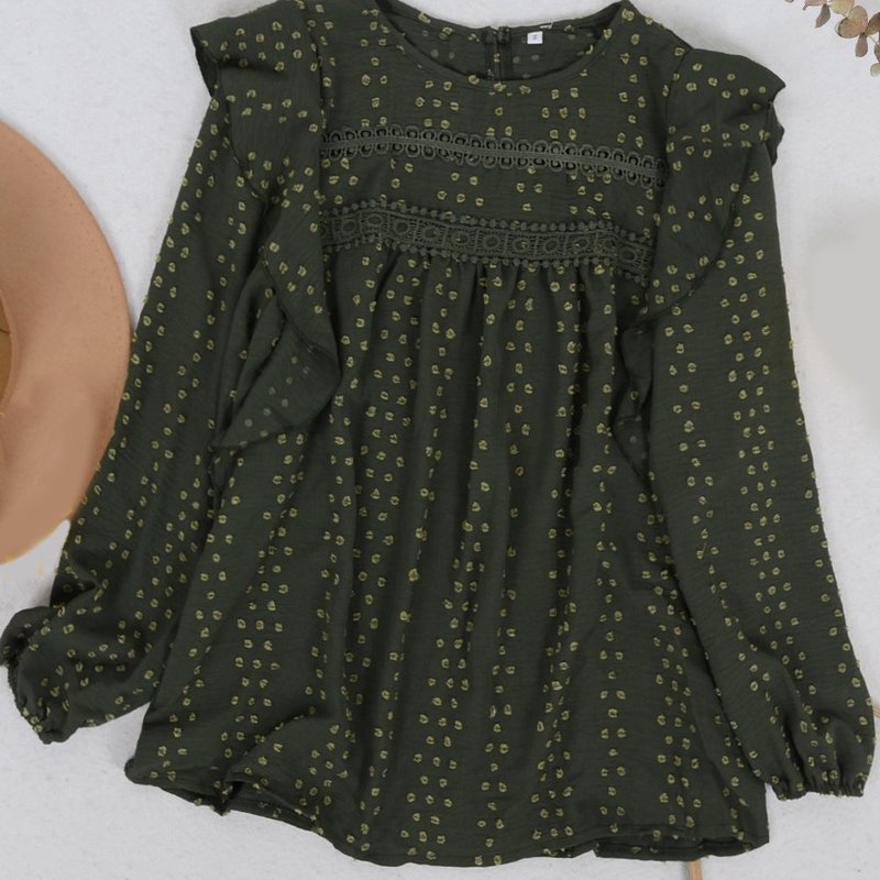 Anna-kaci Ruffle Shoulder Crochet Detail Blouse In Green
