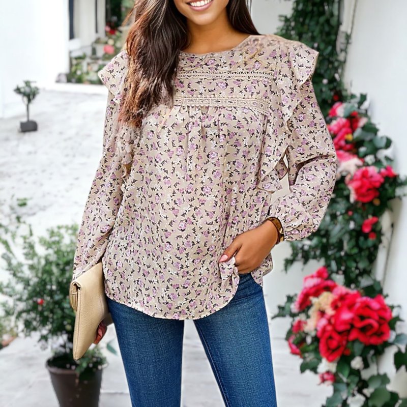 Shop Anna-kaci Ruffle Shoulder Crochet Detail Floral Blouse In Brown