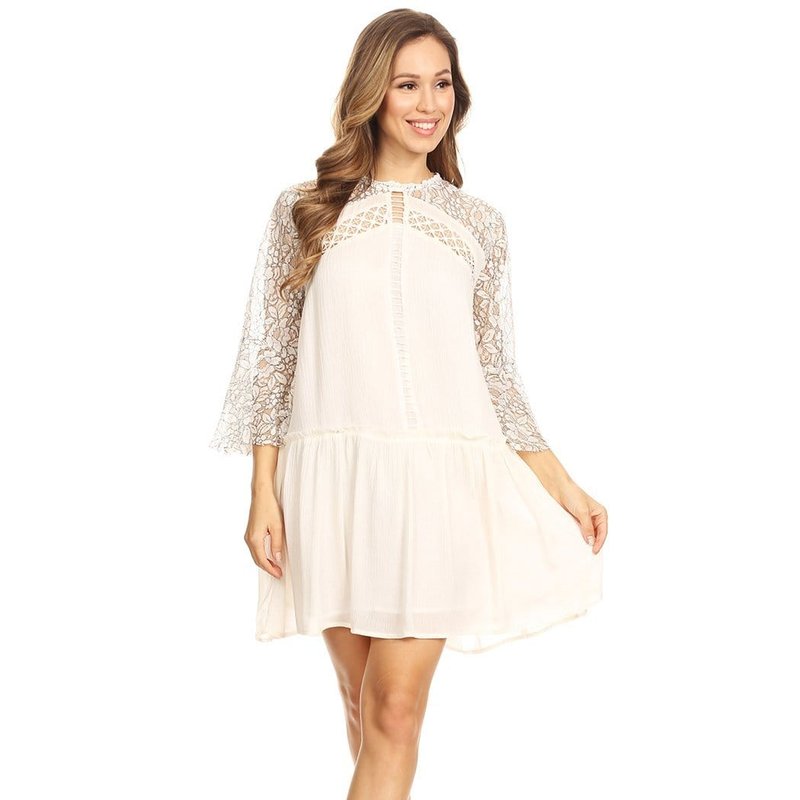 Anna-kaci Semi Sheer Lace Swing Dress In White