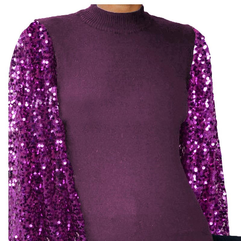 Shop Anna-kaci Sequin Balloon Long Sleeve Mock Neck Pullover Top In Purple