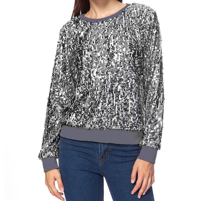 Anna-kaci Sequin Long Sleeve Sparkly Pullover Sweatshirt In Grey