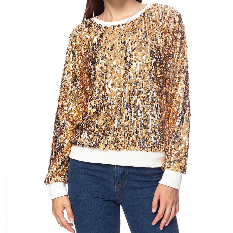 Anna-kaci Sequin Long Sleeve Sparkly Pullover Sweatshirt In Gold