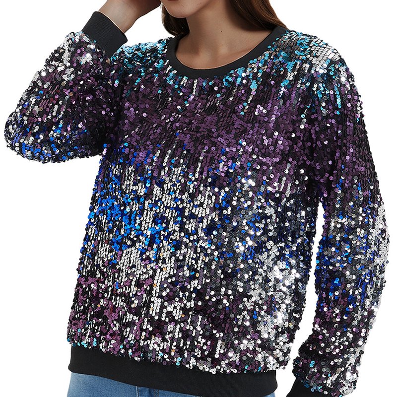 Anna-kaci Sequin Long Sleeve Sparkly Pullover Sweatshirt In Blue