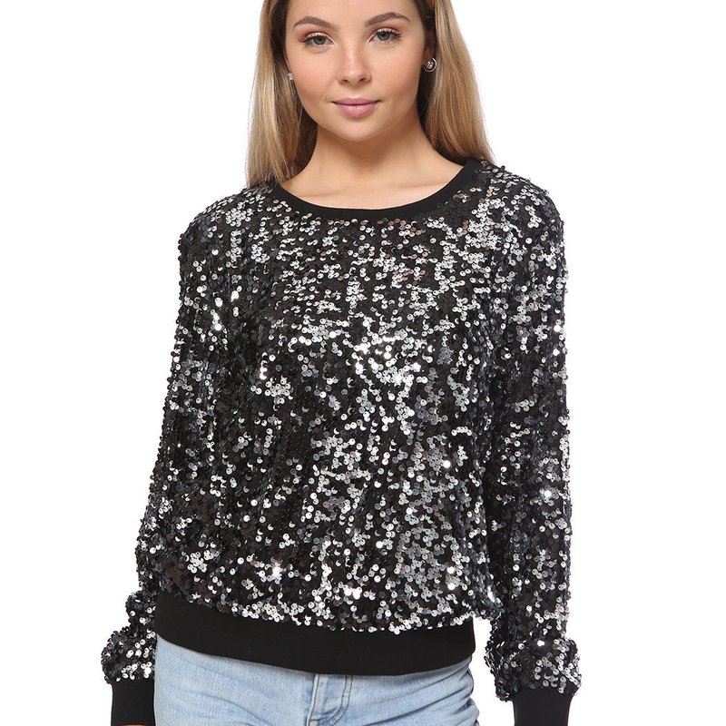 Shop Anna-kaci Sequin Sweatshirt Round Neck Top Long Sleeve Ribbed Cuffs Outerwear In Black