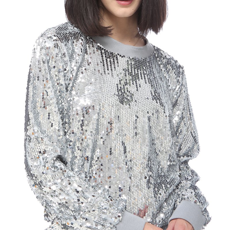 Shop Anna-kaci Sequin Sweatshirt Round Neck Top Long Sleeve Ribbed Cuffs Outerwear In Grey