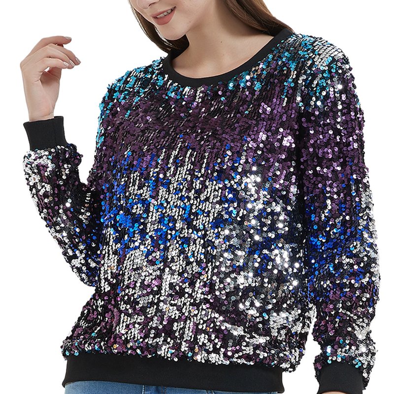 Shop Anna-kaci Sequin Sweatshirt Round Neck Top Long Sleeve Ribbed Cuffs Outerwear In Blue