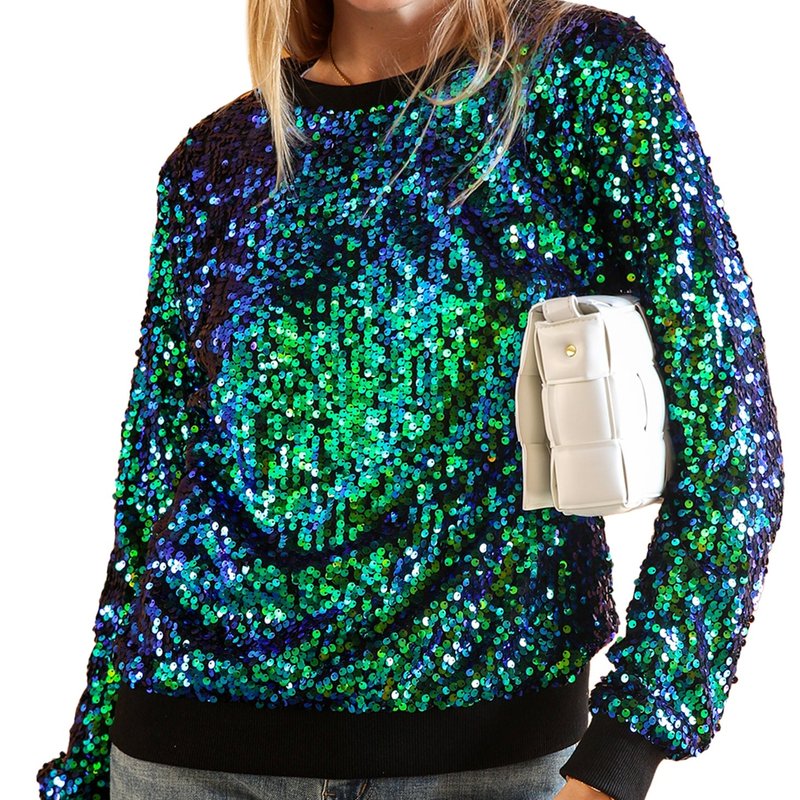 Shop Anna-kaci Sequin Sweatshirt Round Neck Top Long Sleeve Ribbed Cuffs Outerwear In Green