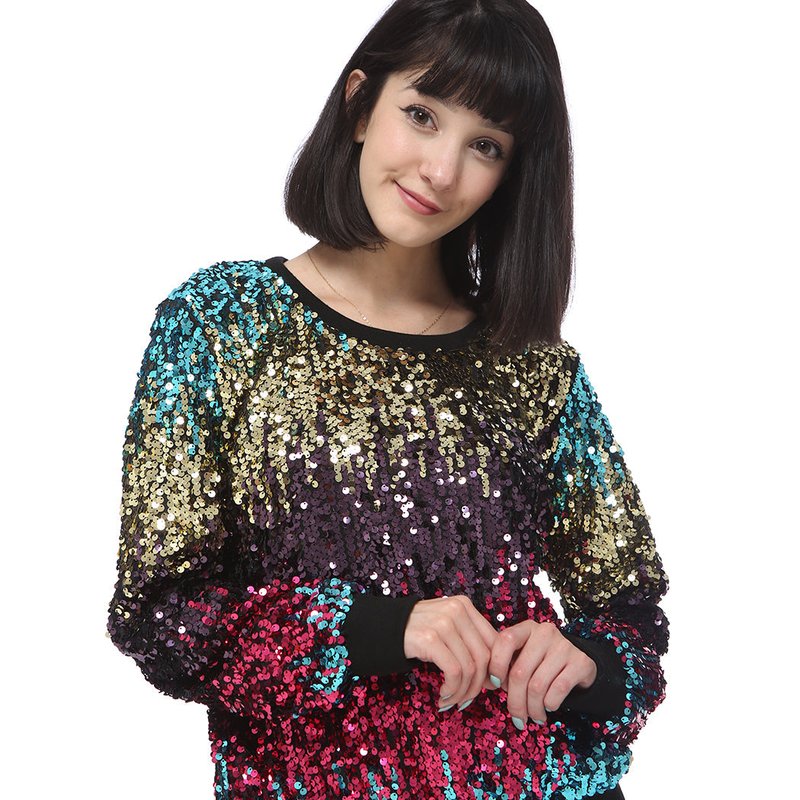 Shop Anna-kaci Sequin Sweatshirt Round Neck Top Long Sleeve Ribbed Cuffs Outerwear In Pink