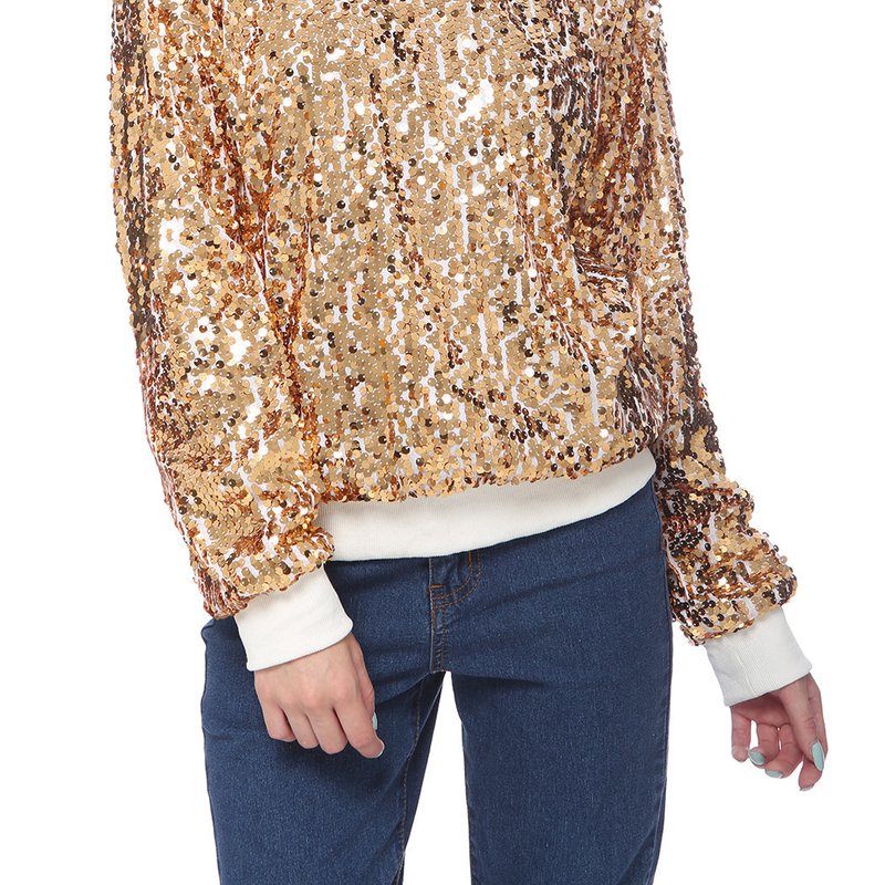 Shop Anna-kaci Sequin Sweatshirt Round Neck Top Long Sleeve Ribbed Cuffs Outerwear In Gold