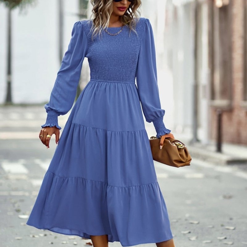 Anna-kaci Shirred Bodice Tiered Dress In Blue