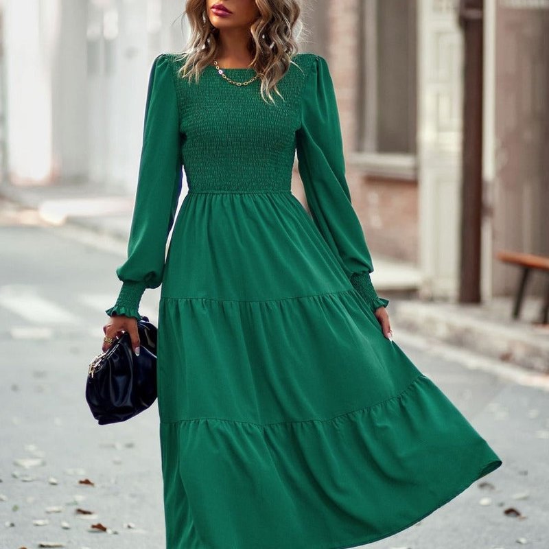 Anna-kaci Shirred Bodice Tiered Dress In Green
