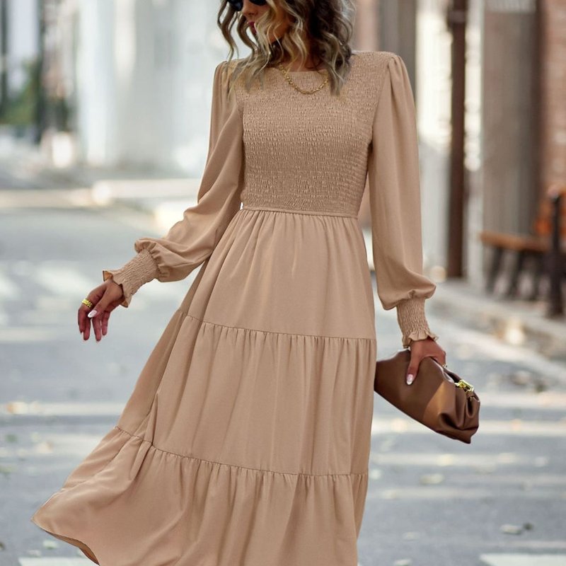 Anna-kaci Shirred Bodice Tiered Dress In Brown