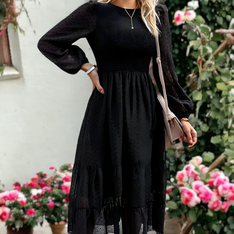 Anna-kaci Shirred Swiss Dot Sheer Tiered Dress In Black