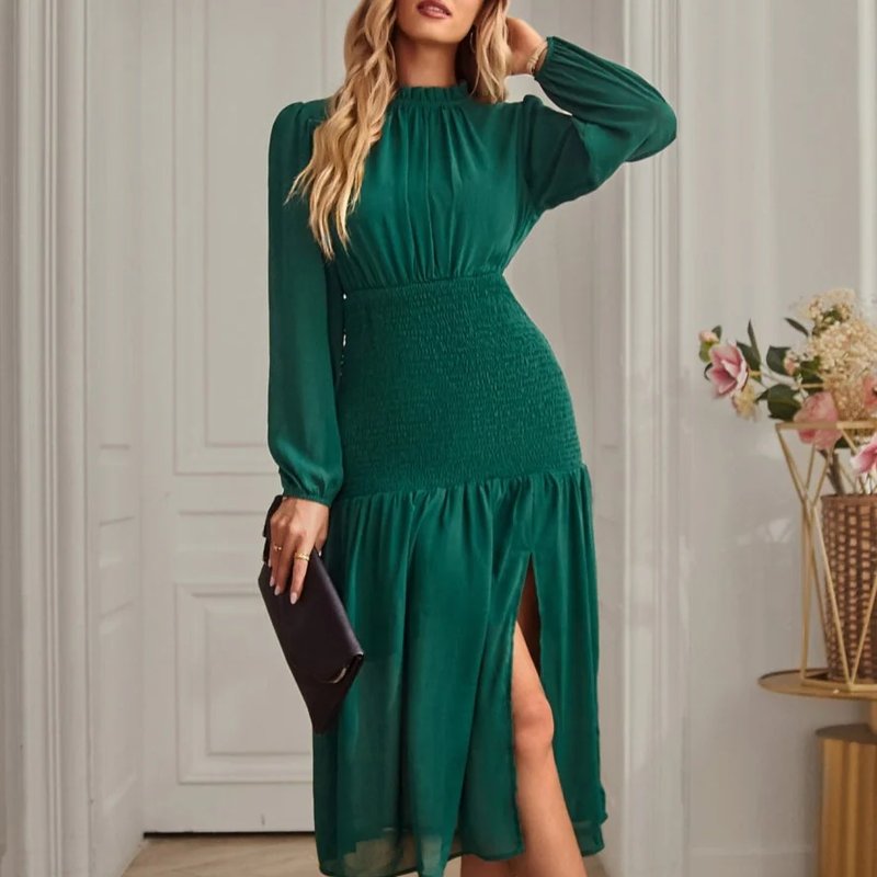 Anna-kaci Shirred Waist Front Slit Dress In Green