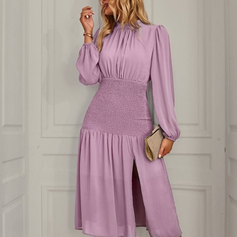 Anna-kaci Shirred Waist Front Slit Dress In Pink