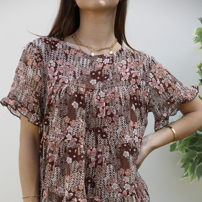 Anna-kaci Short Sleeve Tiered Blouse In Brown