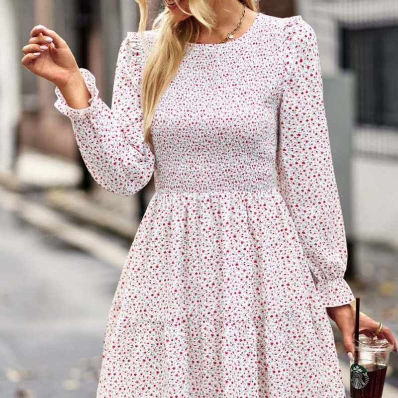 Anna-kaci Smocked Chest Long Sleeve Floral Dress In White