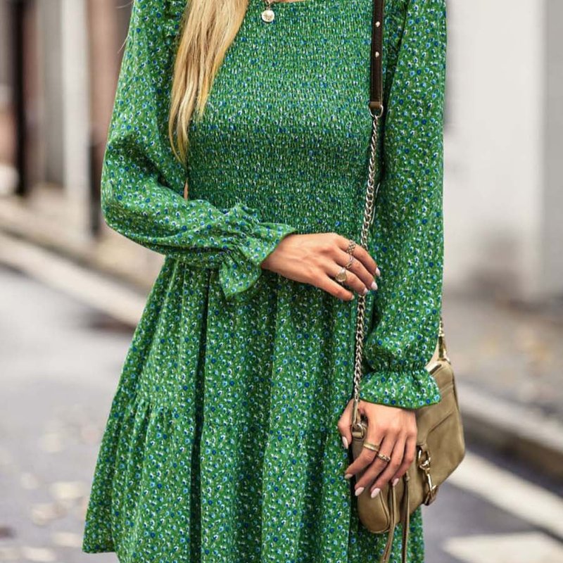 Anna-kaci Smocked Chest Long Sleeve Floral Dress In Green