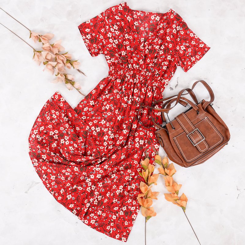 Anna-kaci Soft Floral Everyday Cross-front Dress In Red