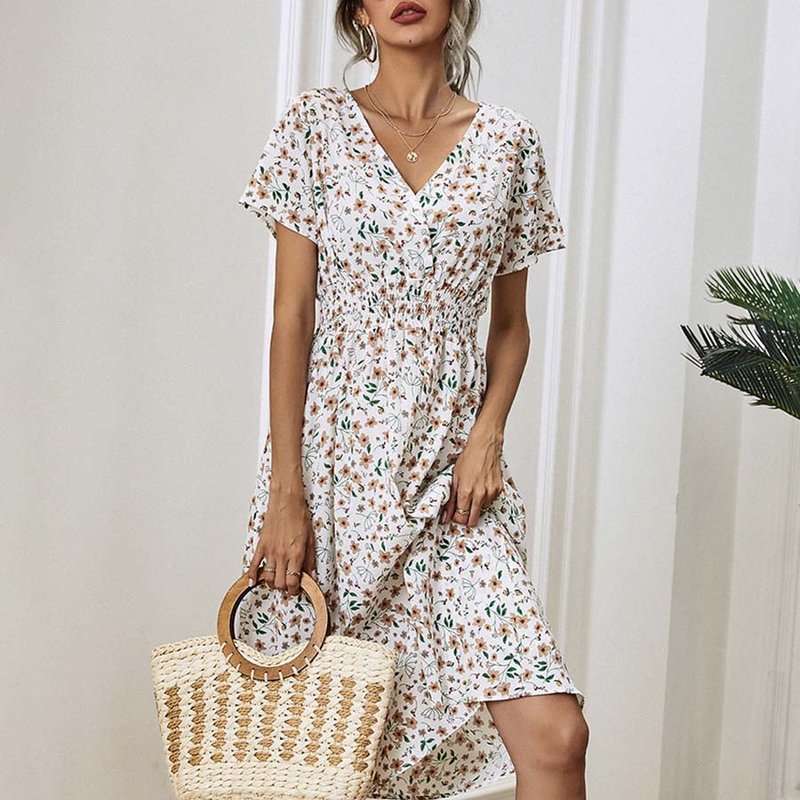 Anna-kaci Soft Floral Everyday Cross-front Dress In White