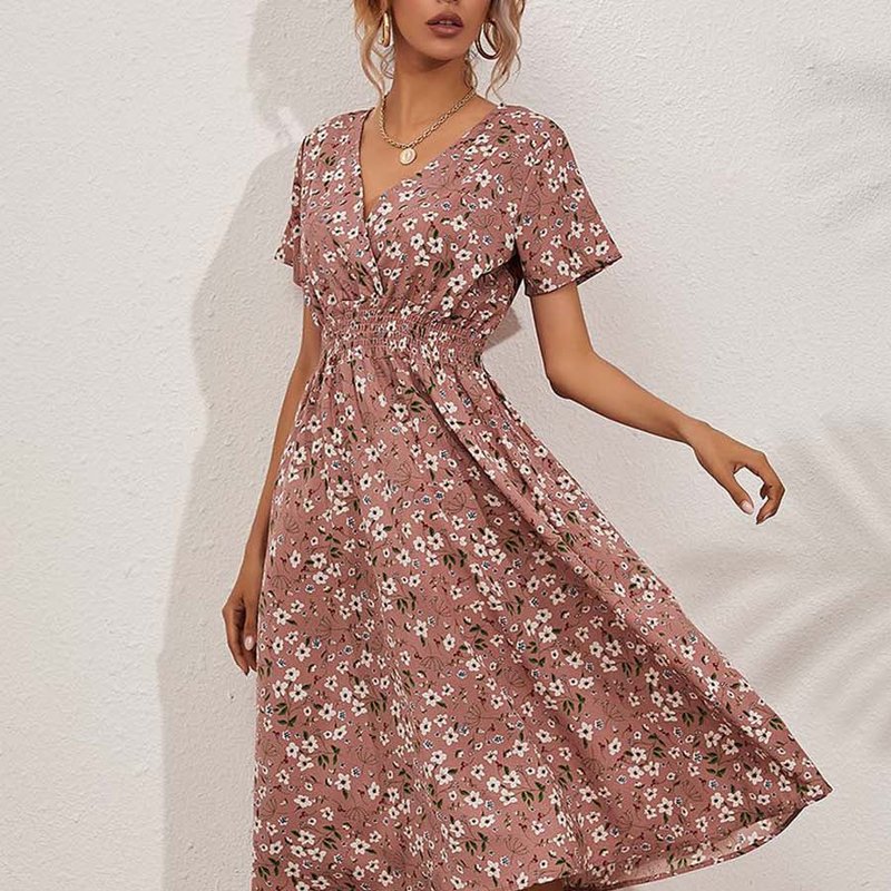 Anna-kaci Soft Floral Everyday Cross-front Dress In Pink