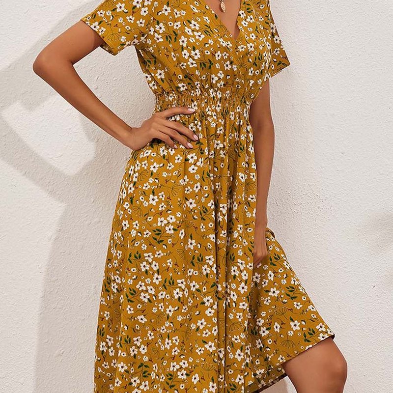 Anna-kaci Soft Floral Everyday Cross-front Dress In Yellow