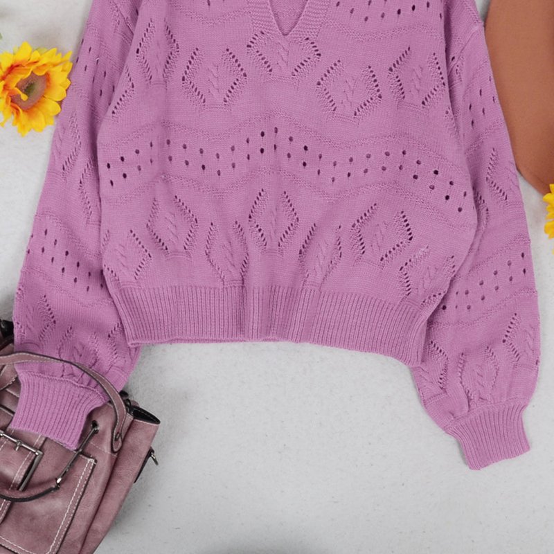 Anna-kaci Solid Color Eyelet Knit Sweater In Purple