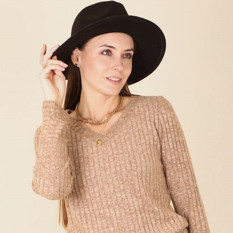 Anna-kaci Solid Color Ribbed Knit Sweater In Brown